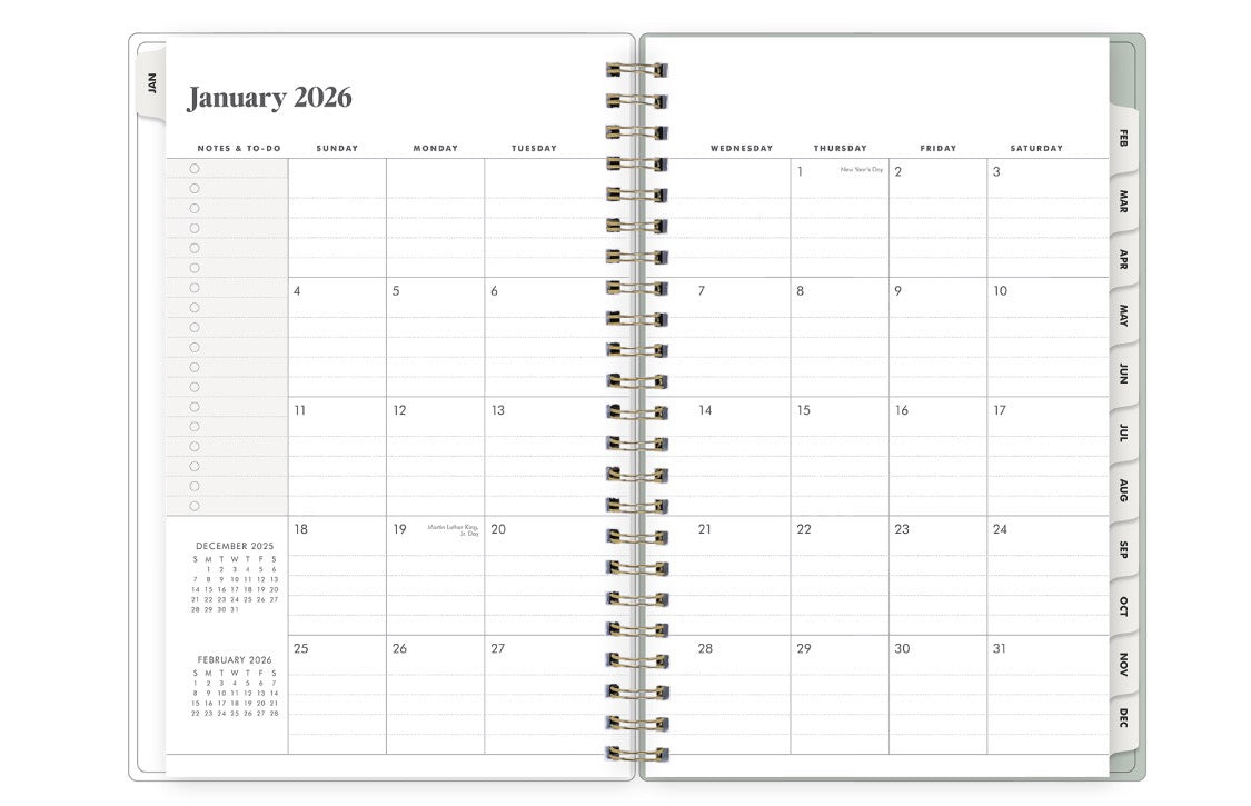 monthly spread with lined writing space, and to do list with monthly white tabs in 5x8 planner size