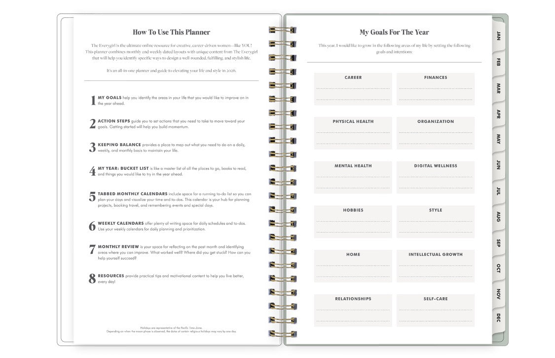 goals for the year in different categories like finance, career, etc.