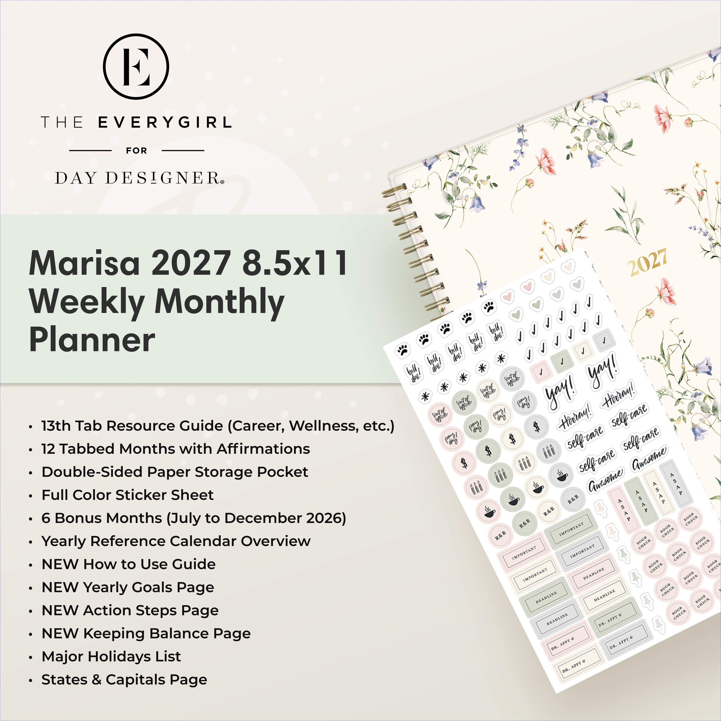 planner featuring bonus content like yearly overview, important dates, holidays, states and capitals