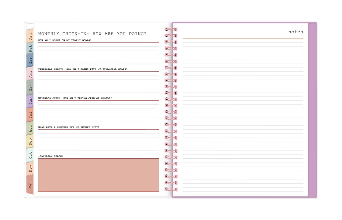lined notes pages and monthly check-in list