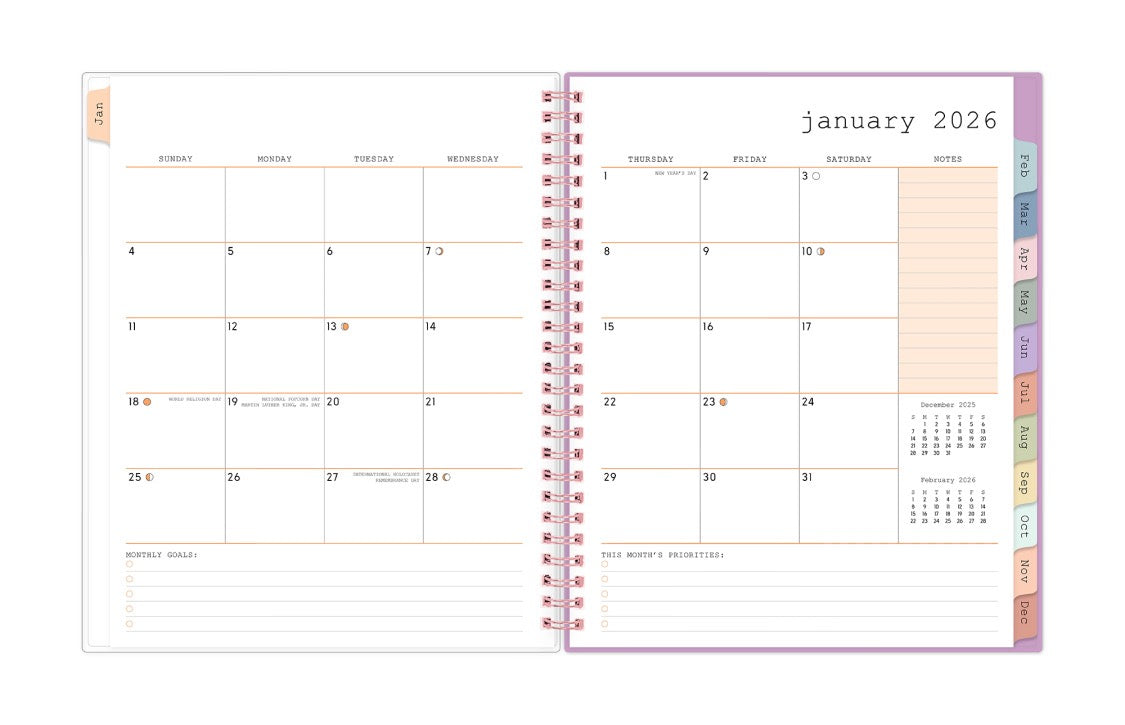 monthly spread with top priorities, multi colored tabs, blank writing space, and notes section 2026 planner year