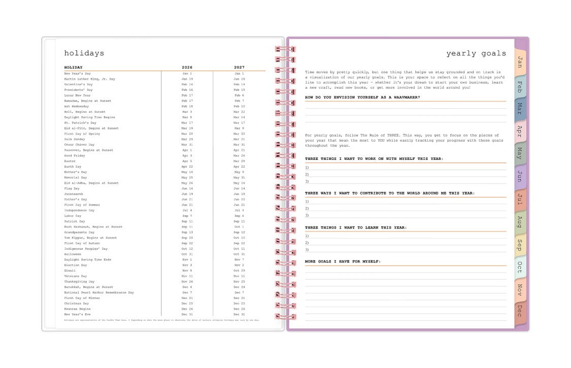 yearly goals and holiday list page