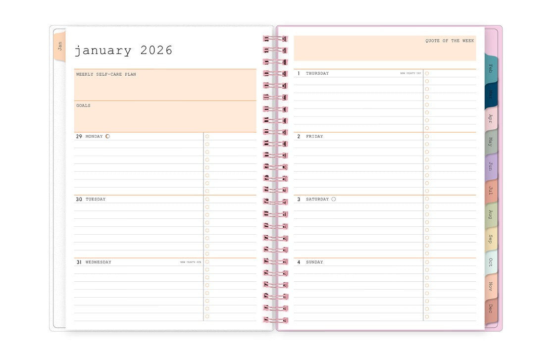 january 2026 - december 2026 planner featuring a weekly spread with lined writing space, bullet points, and colored monthly tabs 5.875x8.625