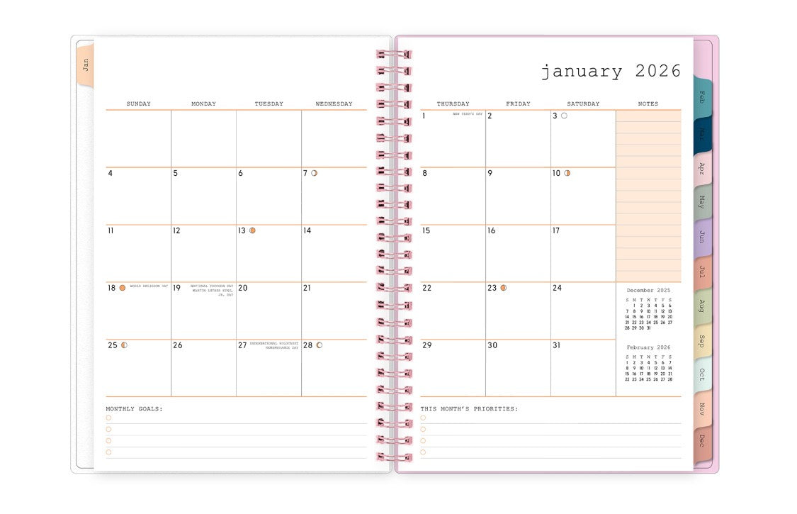2026 planner featuring a monthly spread with blank boxes for each day, reference calendars, monthly priorities and colored monthly tabs