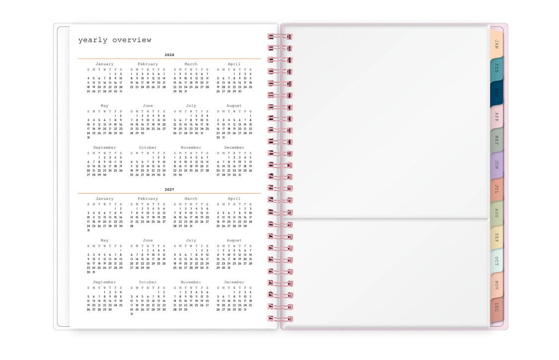 yearly overview of this 2026 5.875x8.625 planner featuring months for 2026 and 2027