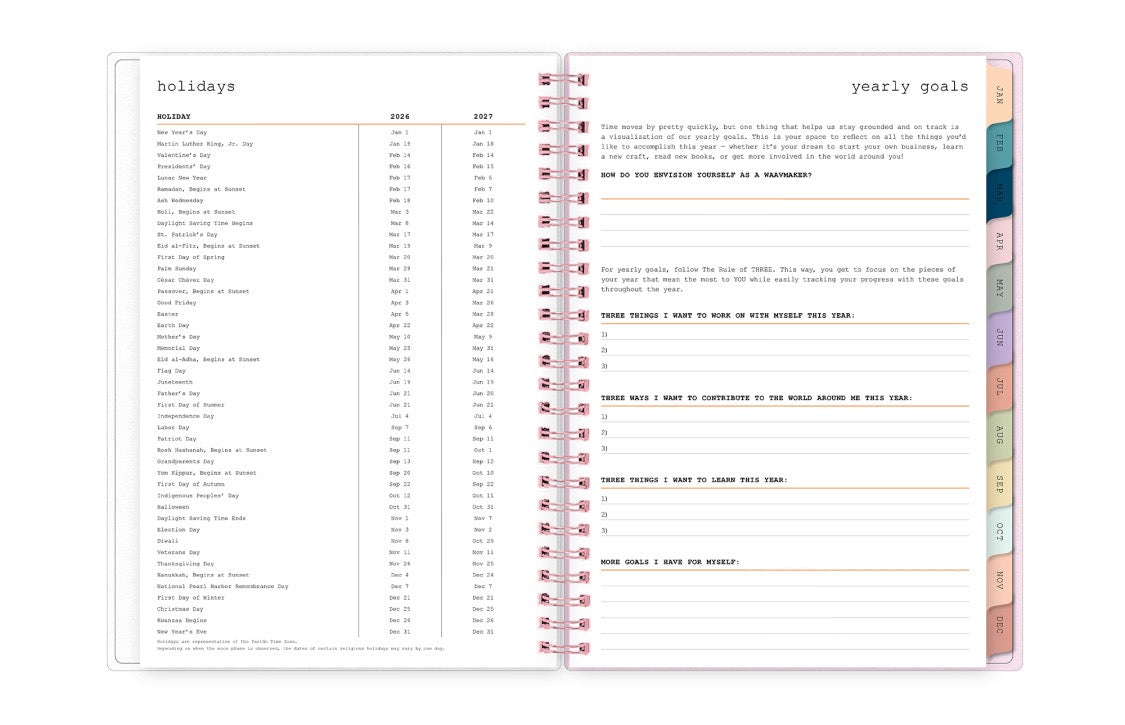 yearly goals and holiday list for 2026