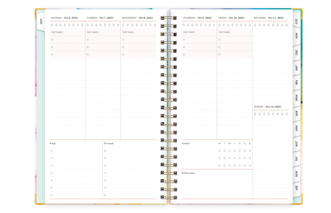 weekly spread featuring top 3 priorities, lined writing space, bullet points, and notes section