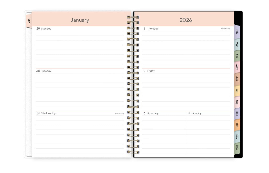 planner notes weekly spread featuring lined writing space and multi colored monthly tabs