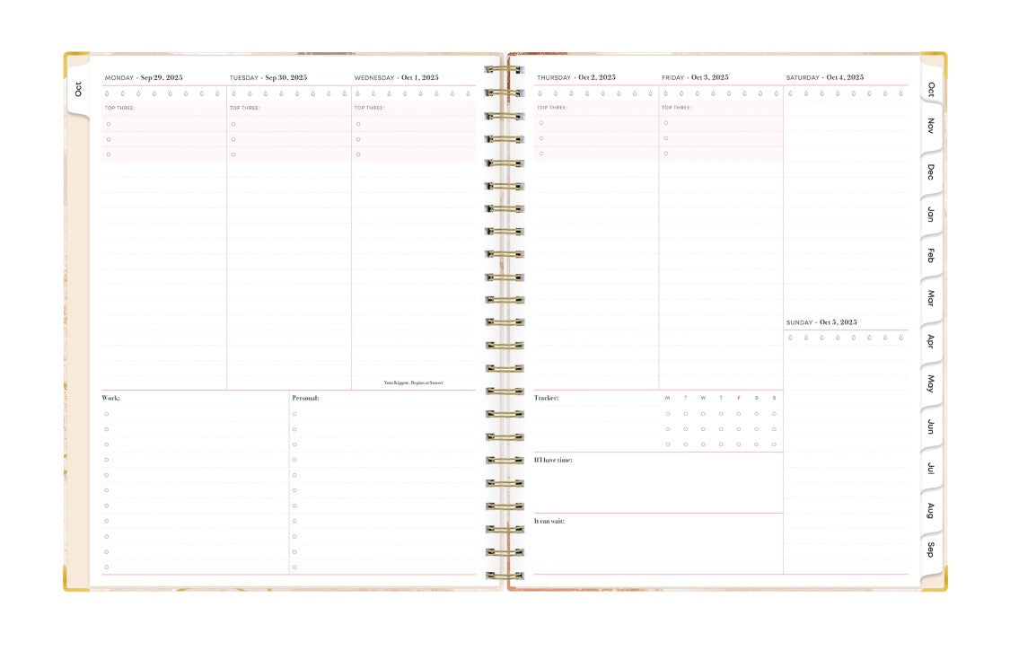 weekly spread featuring lined writing space, check off lists, to do, notes section, and top three priorities