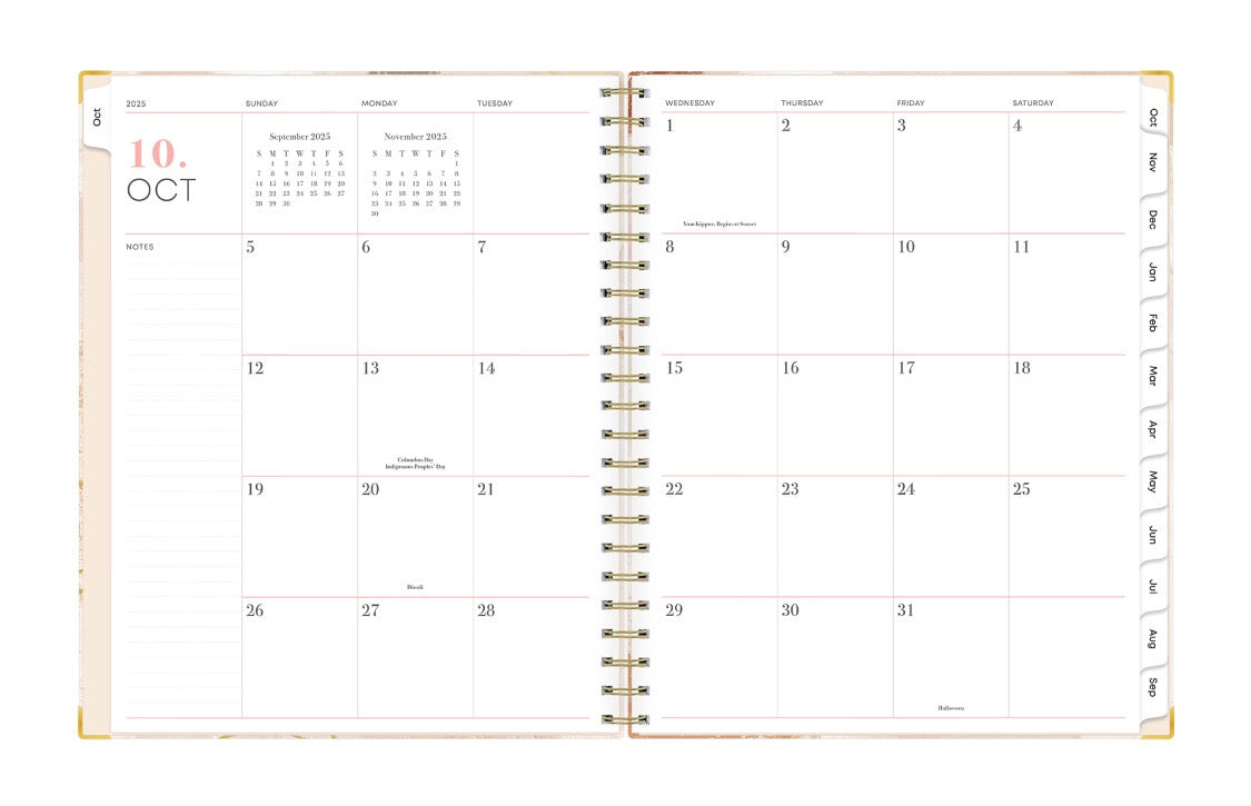 monthly spread featuring with blank writing space for each date, notes section, and white monthly tabs