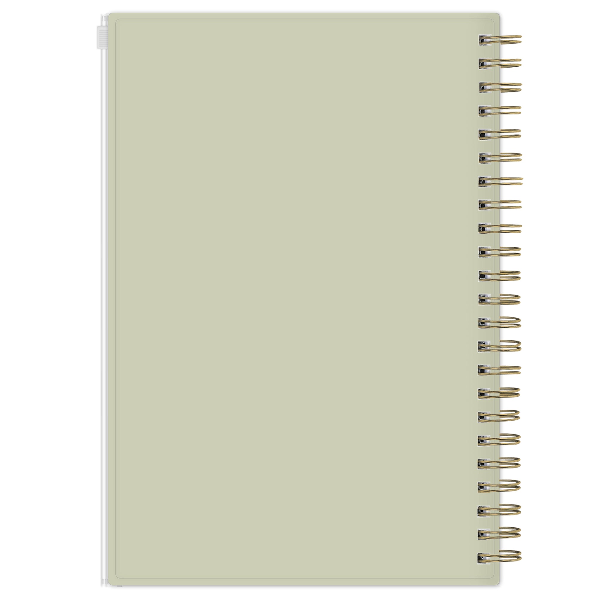 olive back cover on this planner notes with gold spiral binding on a white background