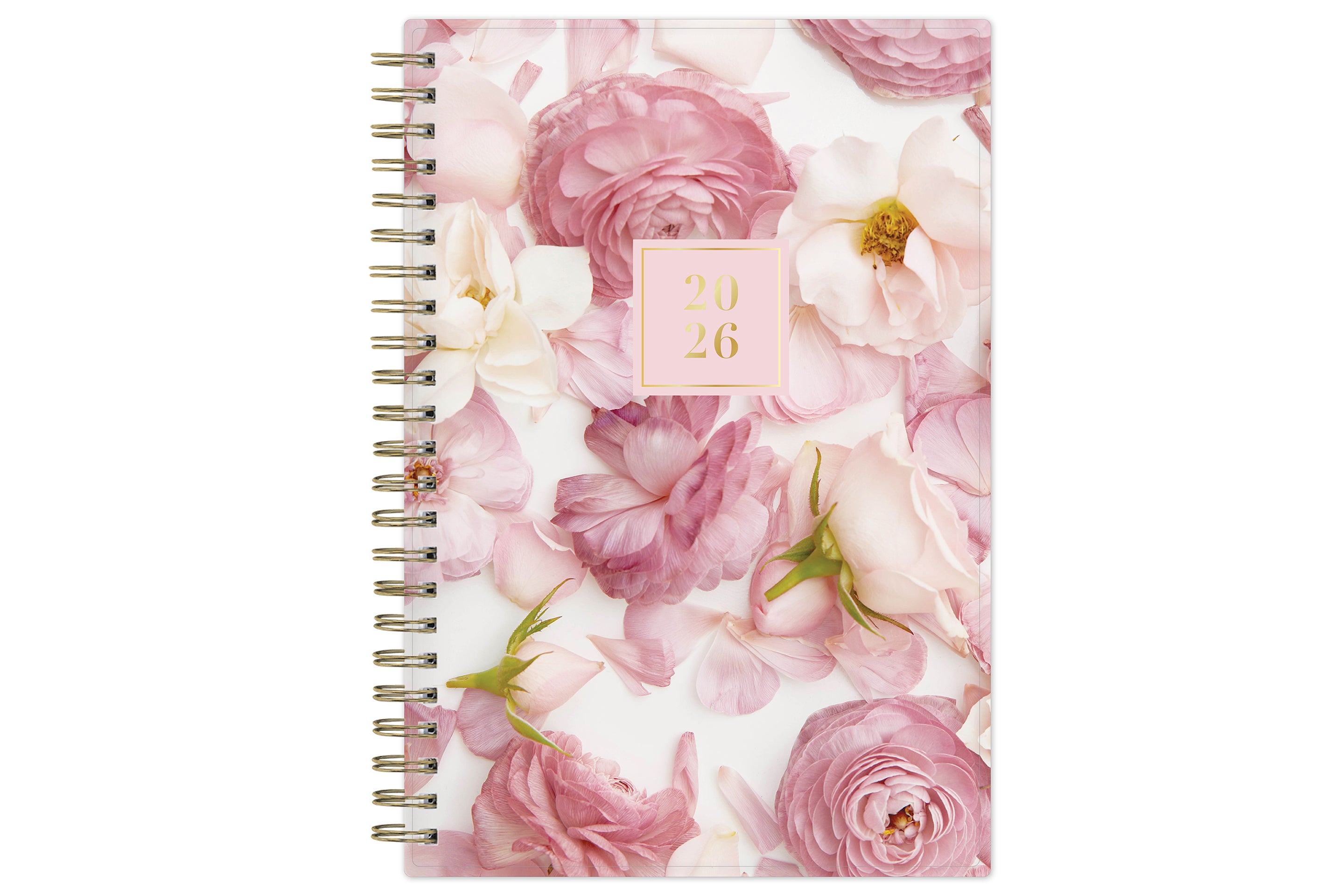 Floral patterned planner with a pink cover on a white background