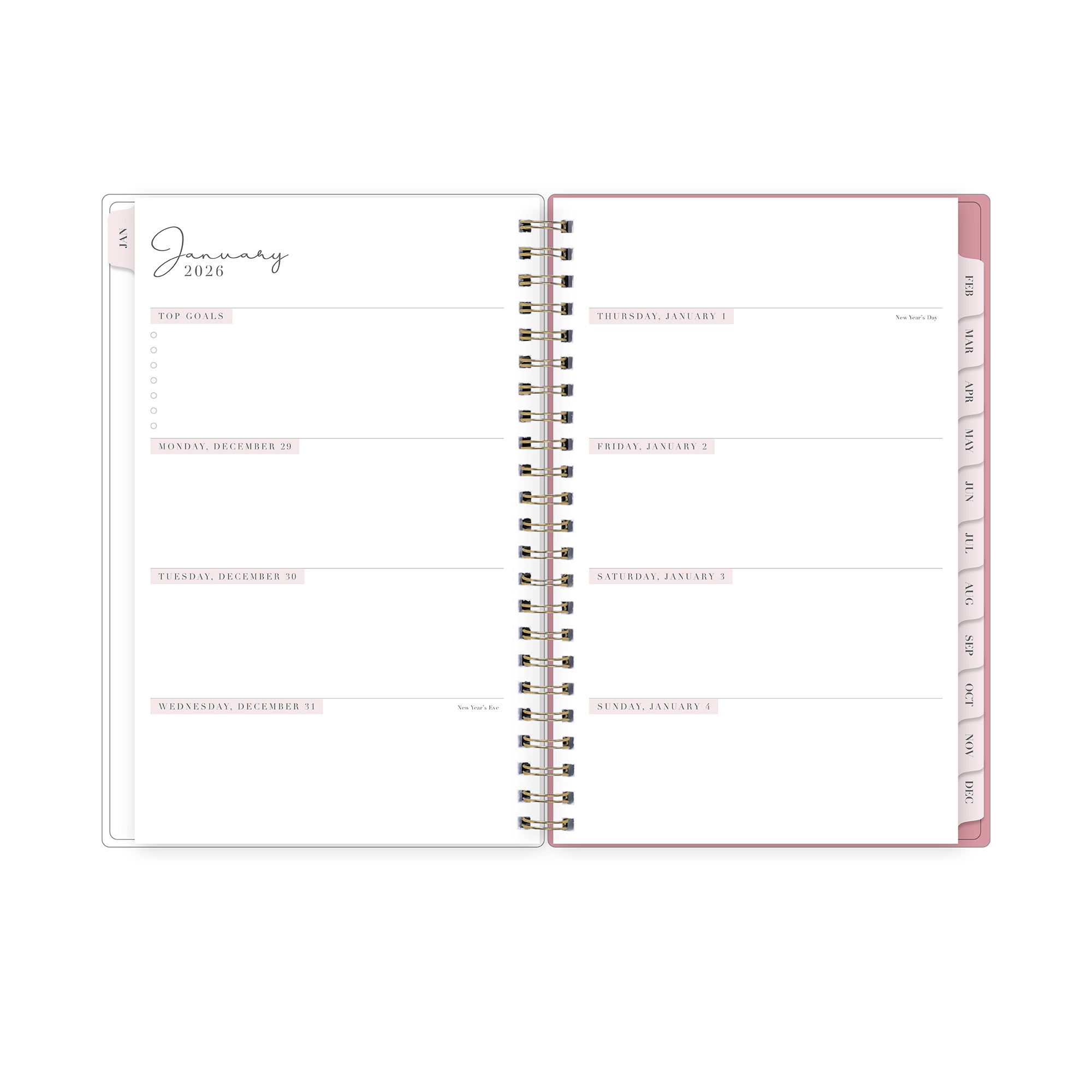 2026 weekly layout featuring blank writing space and pink monthly tabs in 5x8 size