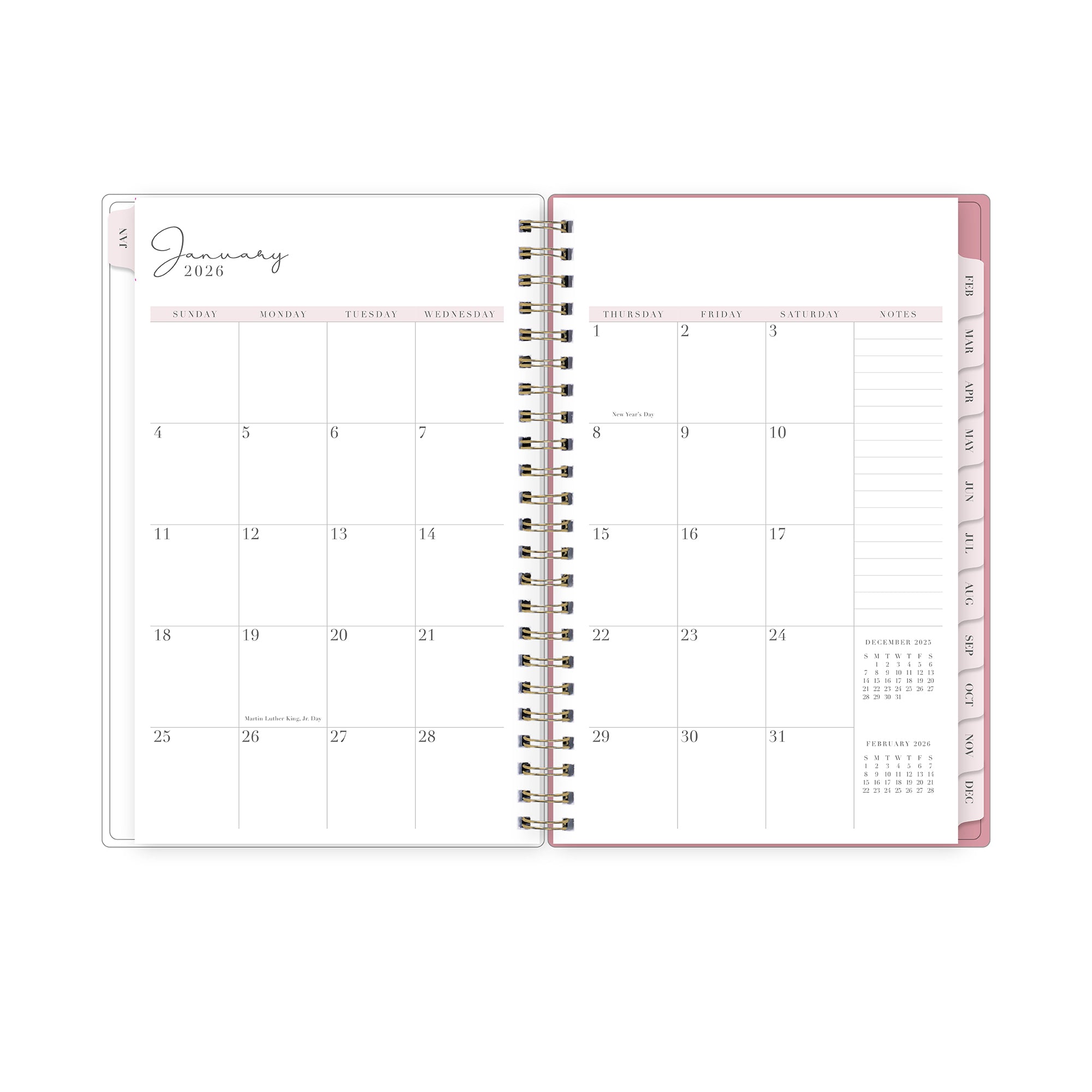 2026 monthly layout featuring blank writing space and pink monthly tabs in 5x8 size, lined notes section and reference calendars