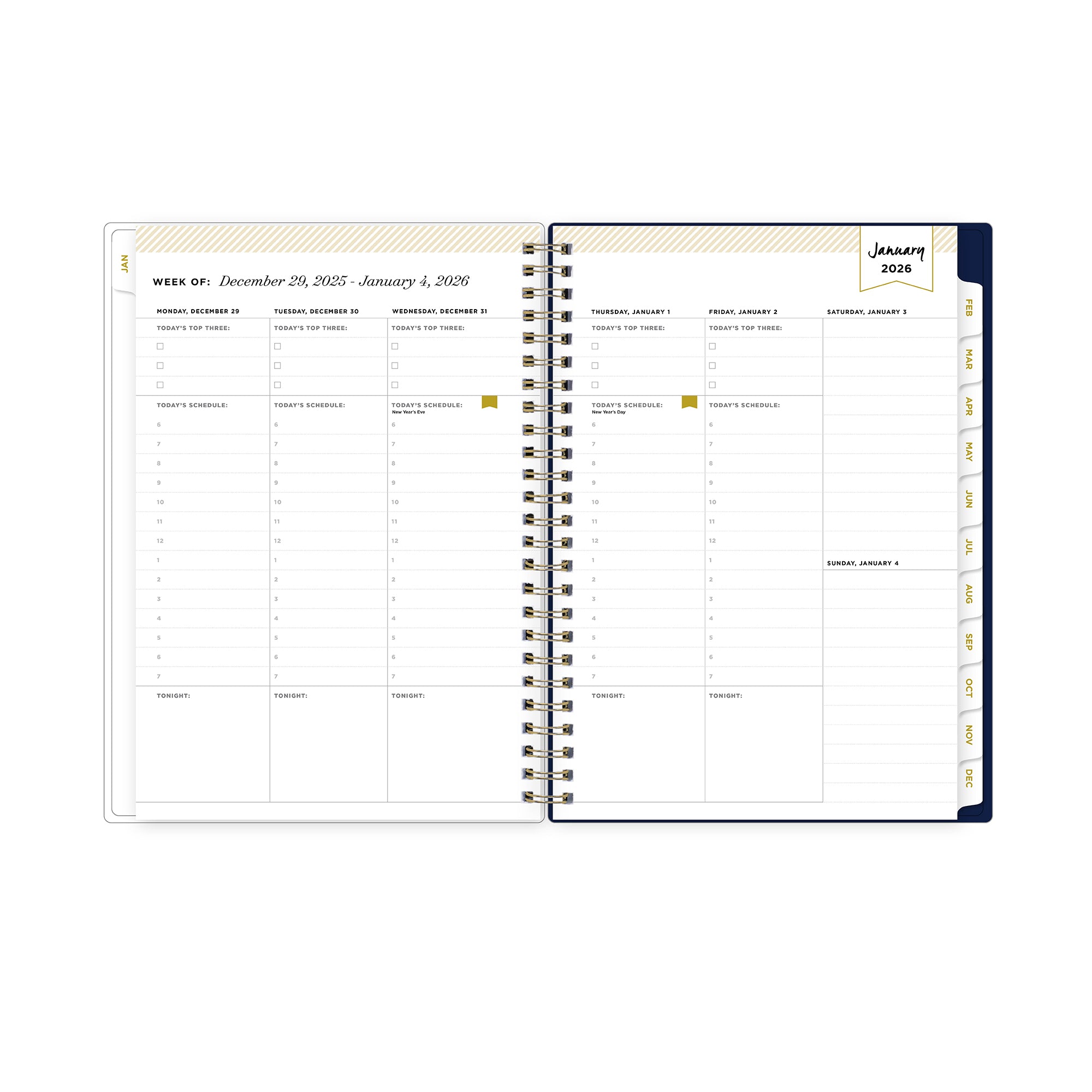 2026 weekly layout featuring bullet points, lined writing space, monthly tabs, and to do list