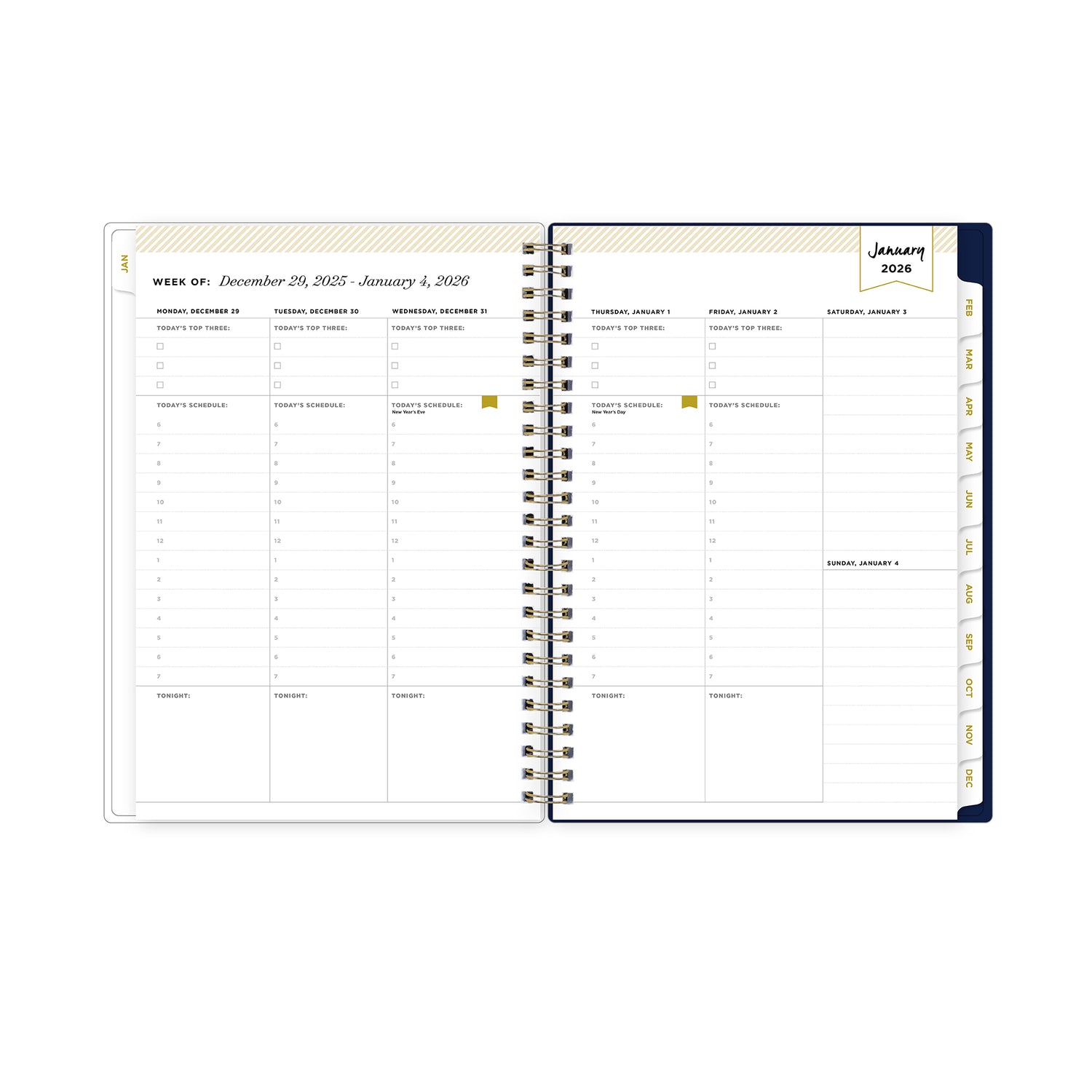 2026 weekly layout featuring bullet points, lined writing space, monthly tabs, and to do list