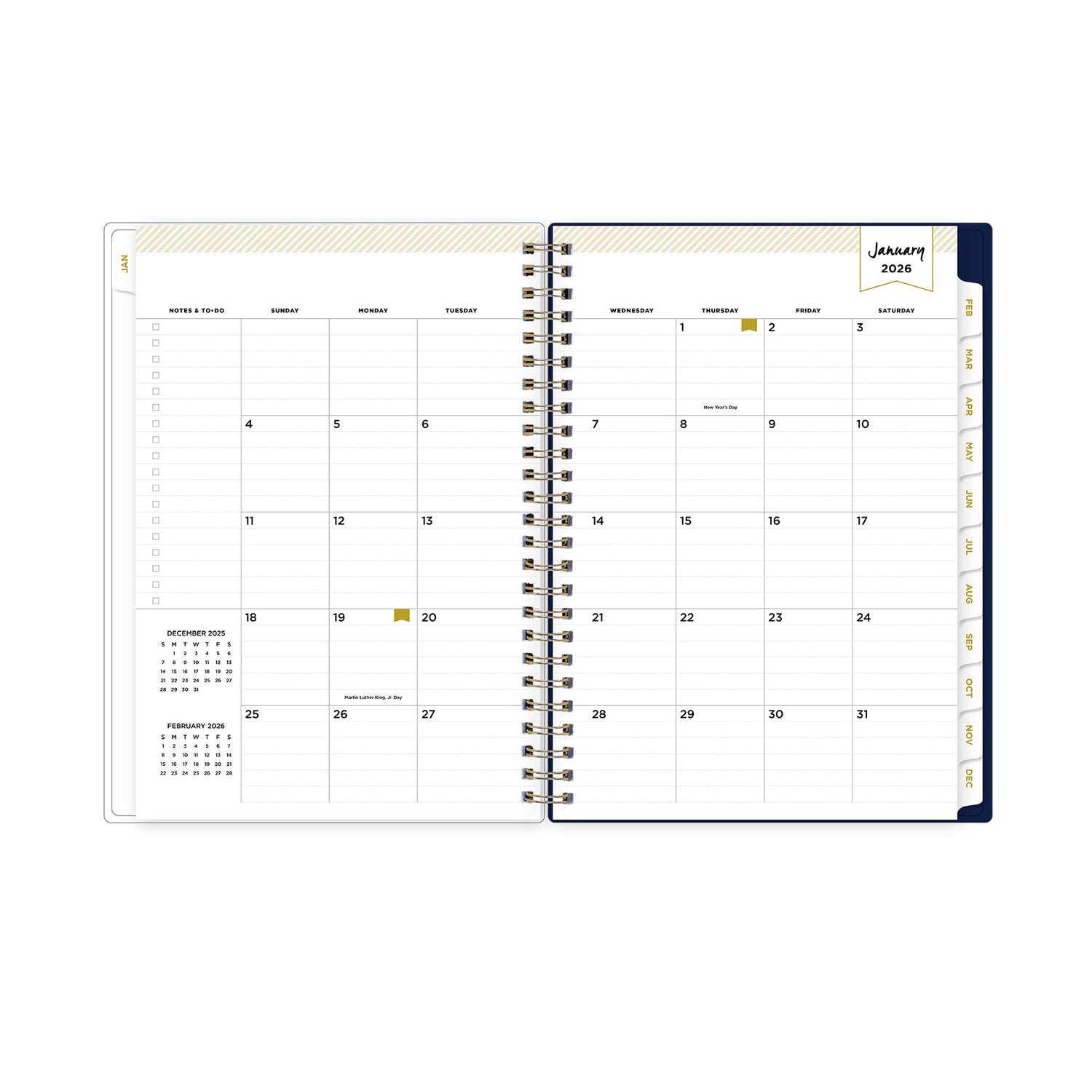 2026 monthly layout featuring bullet points, lined writing space, monthly tabs, and to do list
