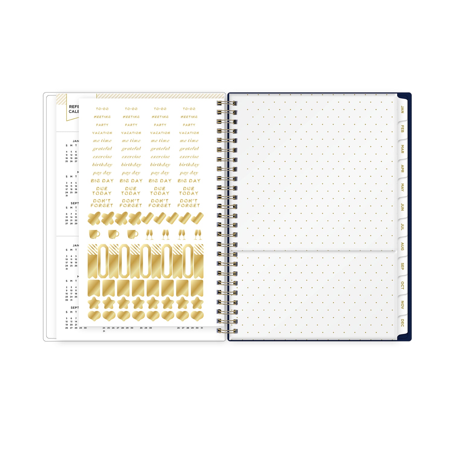 sticker sheet, paper pocket, monthly tabs, gold stickers, and reference calendars