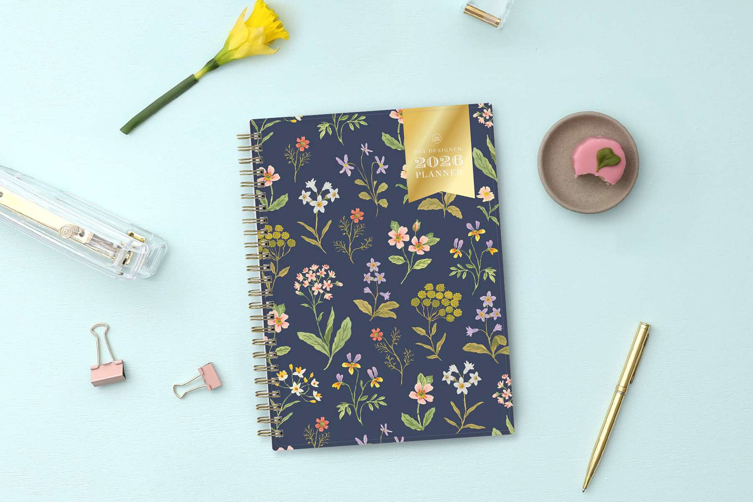 2026 planner weekly monthly planner notes with floral and navy background