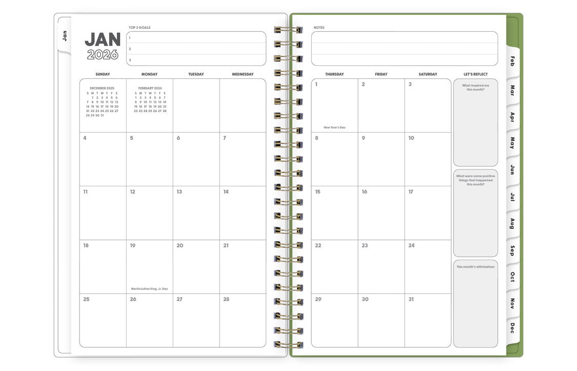 weekly spread featuring top 3 for the week, lined writing space, dotted matrix spread, and daily boxes with ample writing space