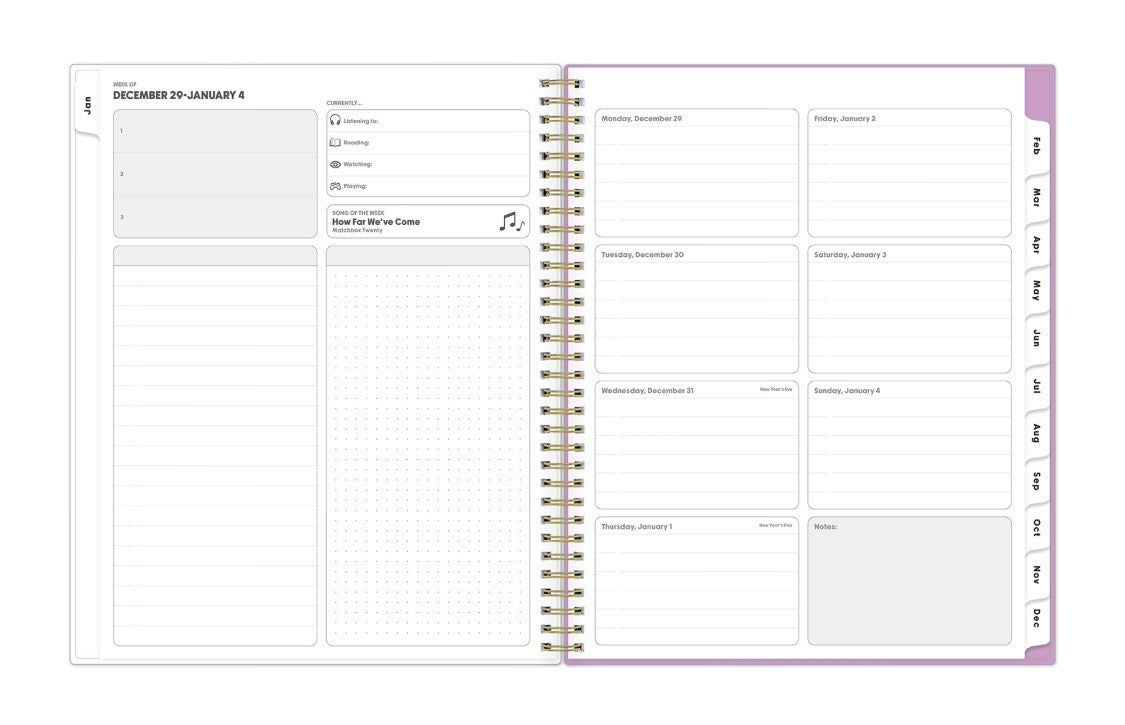 jan 2026 to dec 2026 featuring a weekly spread with lined notes, grid section, and white monthly tabs