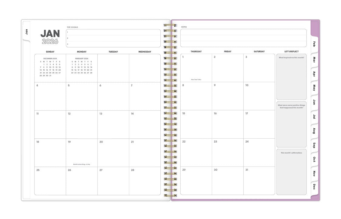 jan 2026 to dec 2026 featuring a monthly spread blank writing space, grid section, and white monthly tabs