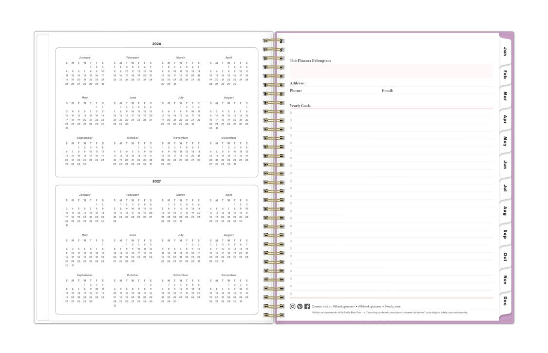yearly overview calendar for 2026 and 2027 with white monthly tabs