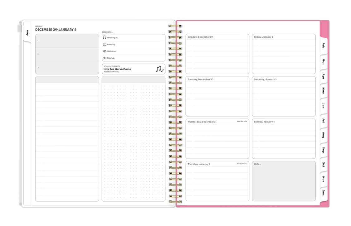 jan 2026 to dec 2026 featuring a weekly spread with lined notes, grid section, and white monthly tabs