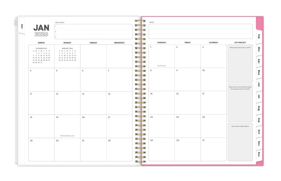 jan 2026 to dec 2026 featuring a monthly spread blank writing space, grid section, and white monthly tabs