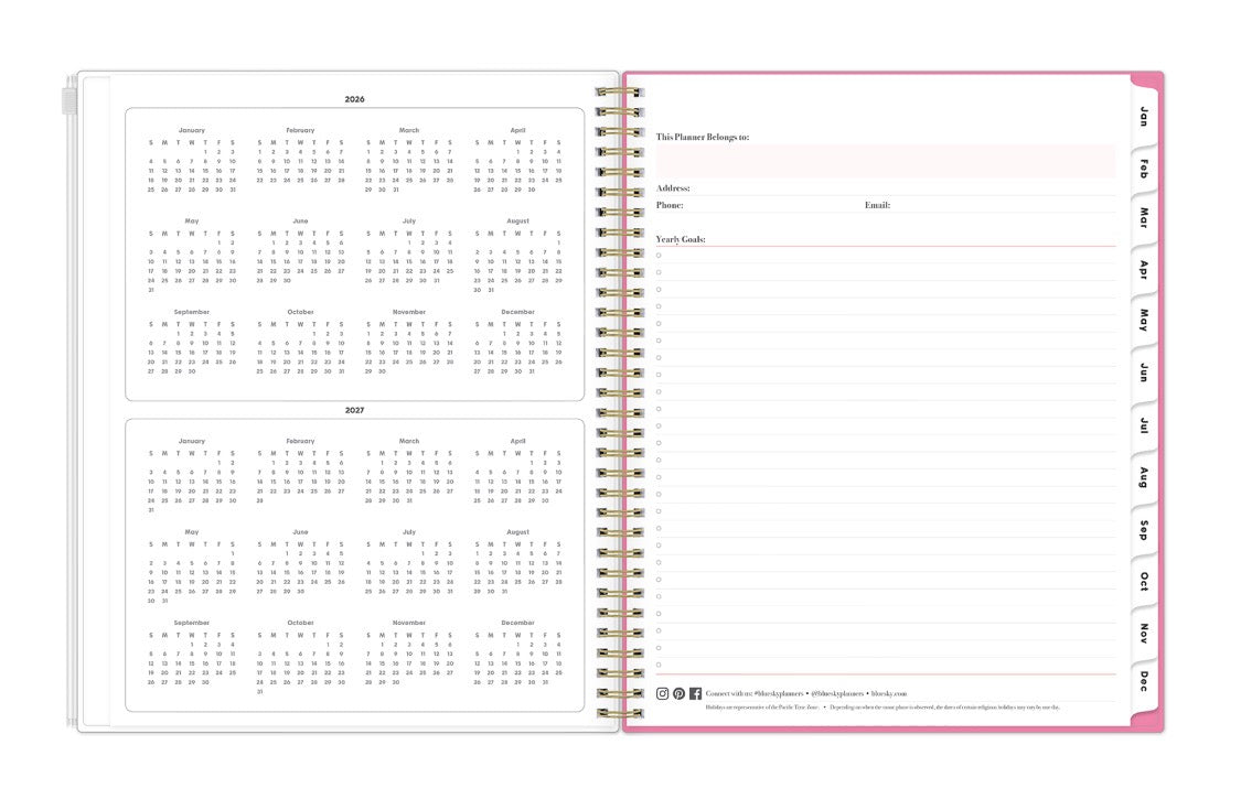 yearly overview calendar for 2026 and 2027 with white monthly tabs