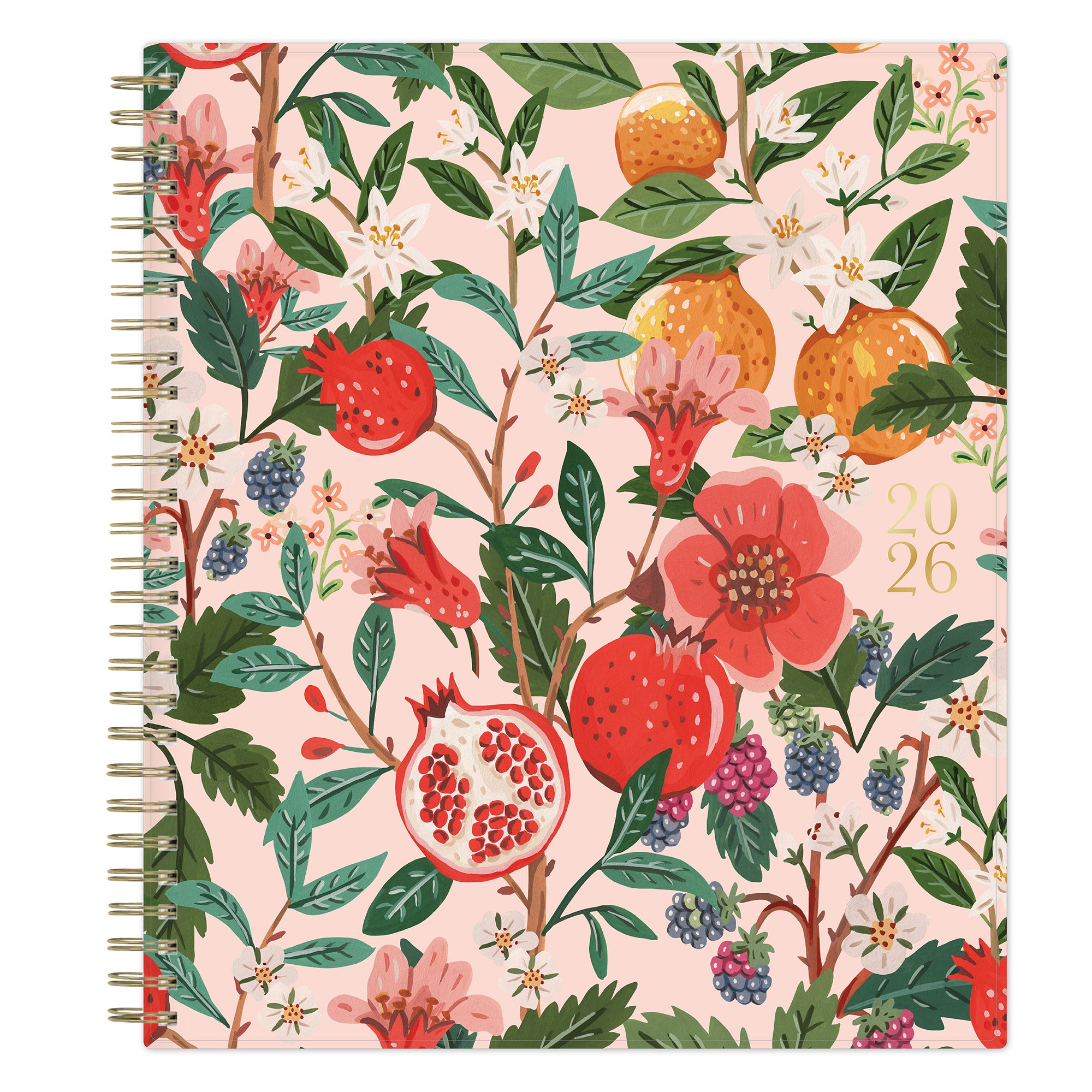 Spiral-bound 2026 planner with floral and fruit design on a pink background 8x10 size