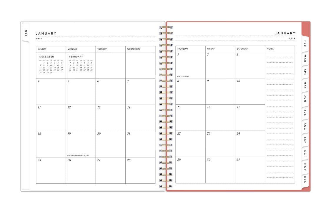 2026 monthly spread featuring dotted lined writing space and white monthly tabs, blank writing space for each day, and notes section.