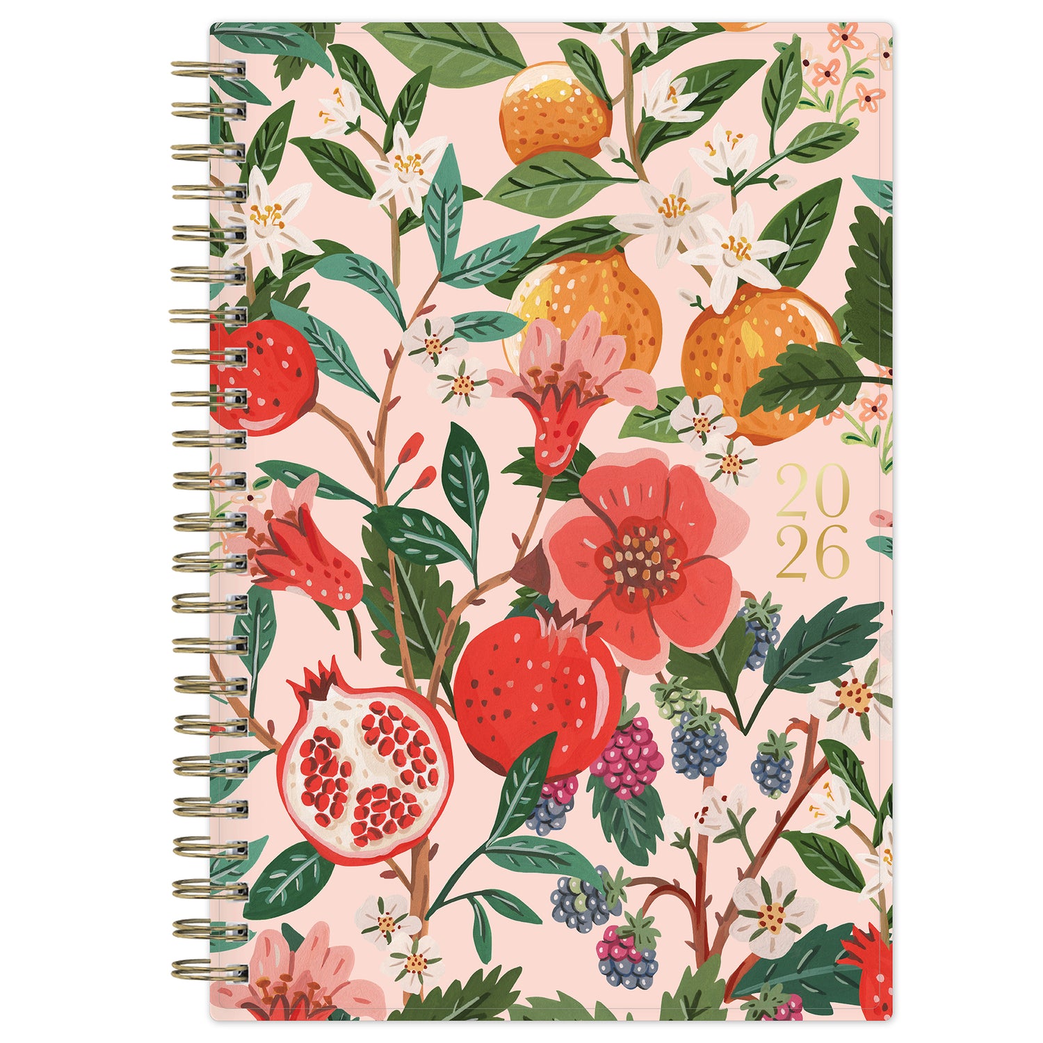 Spiral-bound 2026 planner with floral and fruit design on a pink background