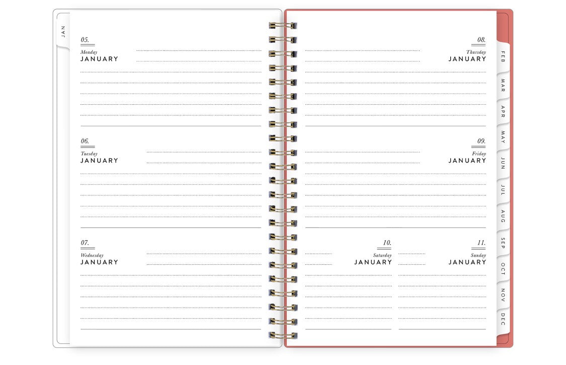 2026 weekly spread featuring dotted lined writing space and white monthly tabs