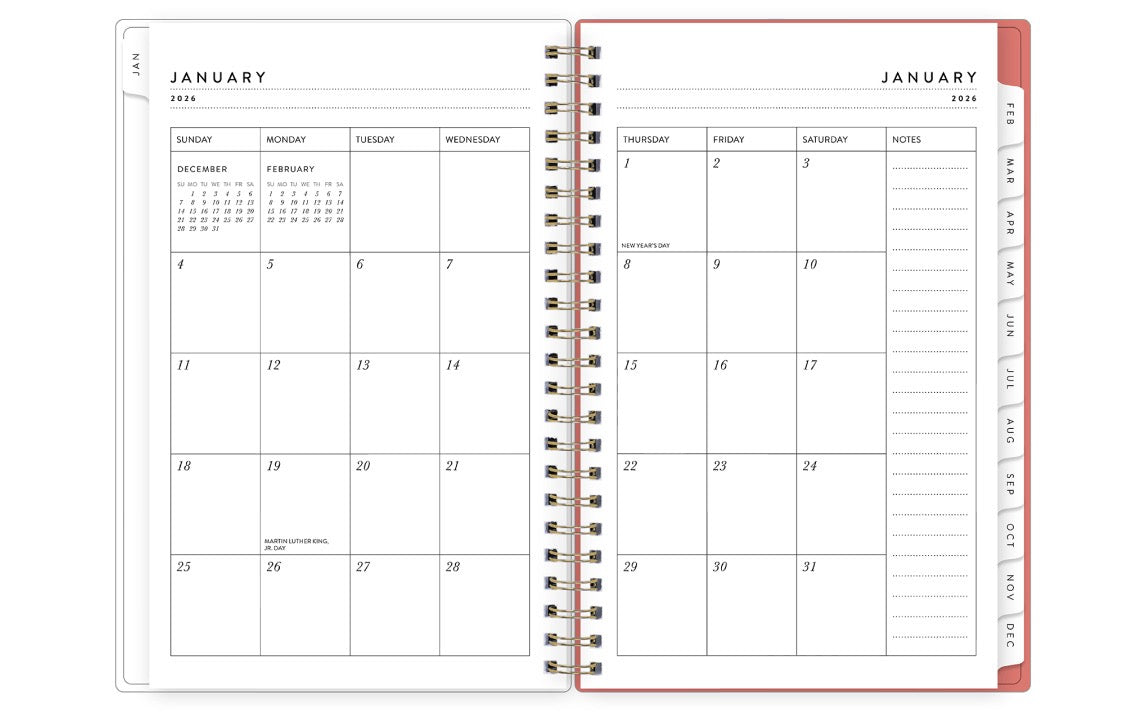 2026 monthly  spread featuring dotted lined writing space and white monthly tabs, blank writing space for each day, and notes section.