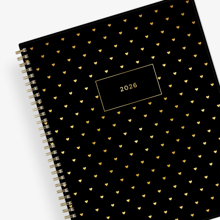 black background with gold hearts on both front and back covers of this 2026 planner