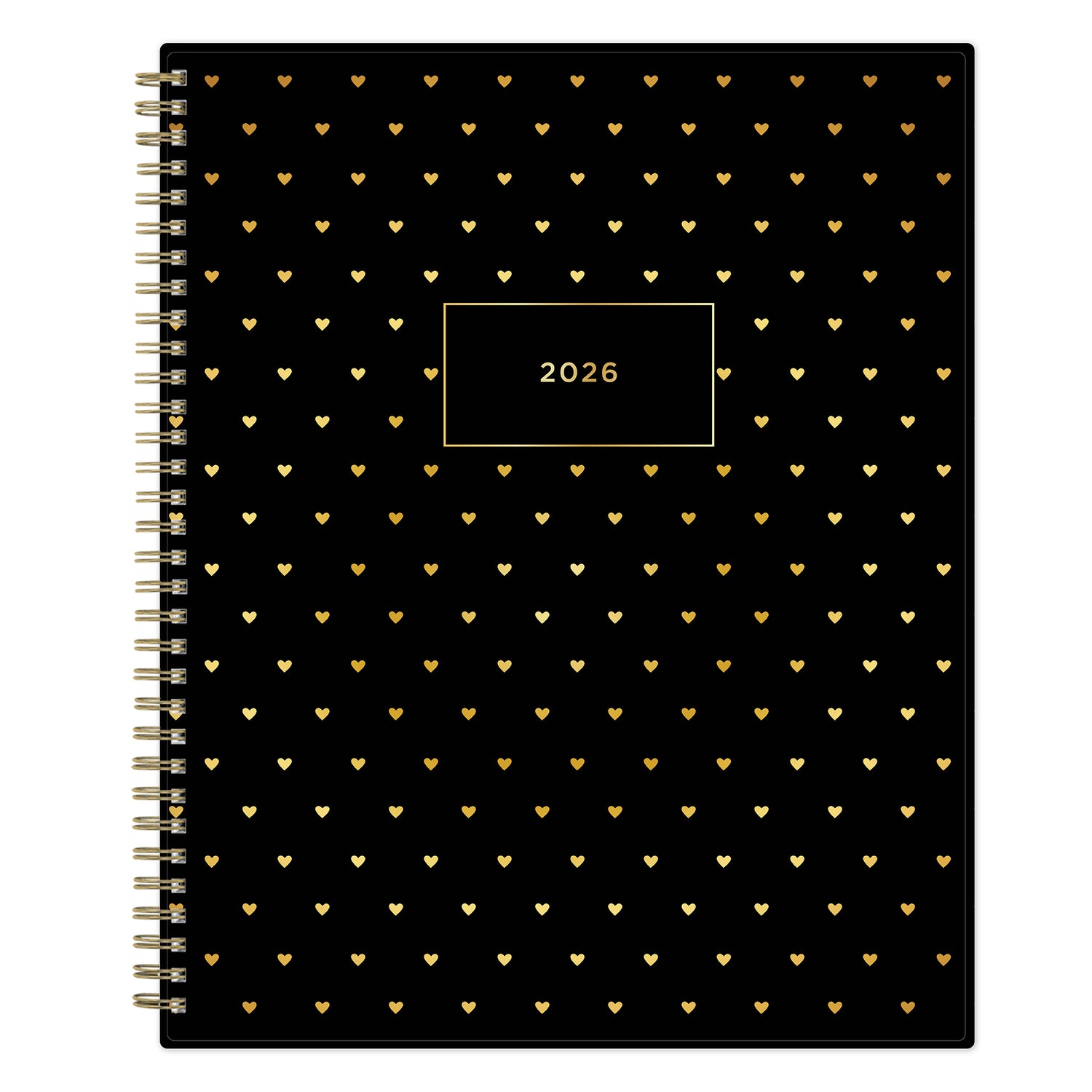 black background with gold hearts on both front and back covers of this 2026 planner