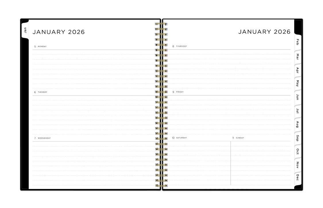 weekly spread featuring lined writing space, white monthly tabs, and ample writing space