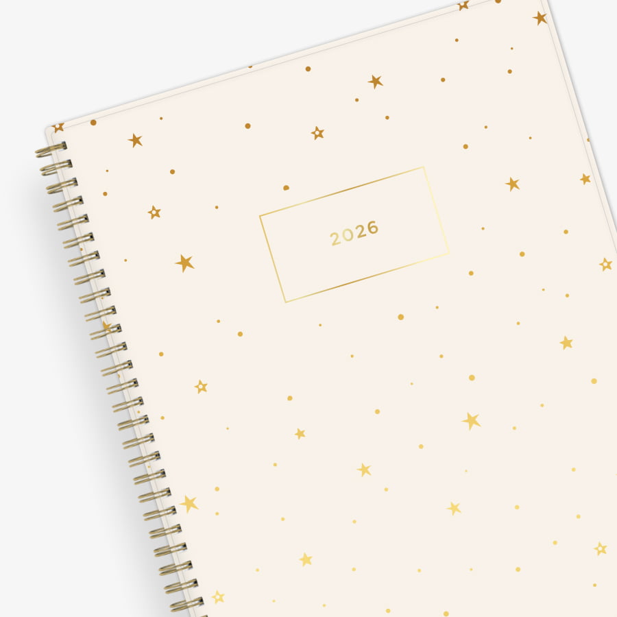 cream background with golden stars printed on this 8.5x11 planner
