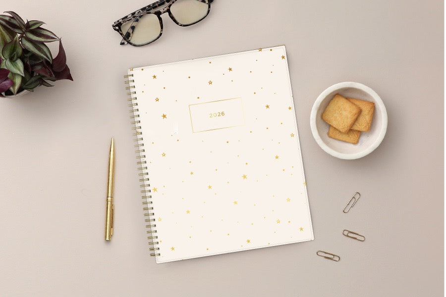 cream background with golden stars printed on this 8.5x11 planner