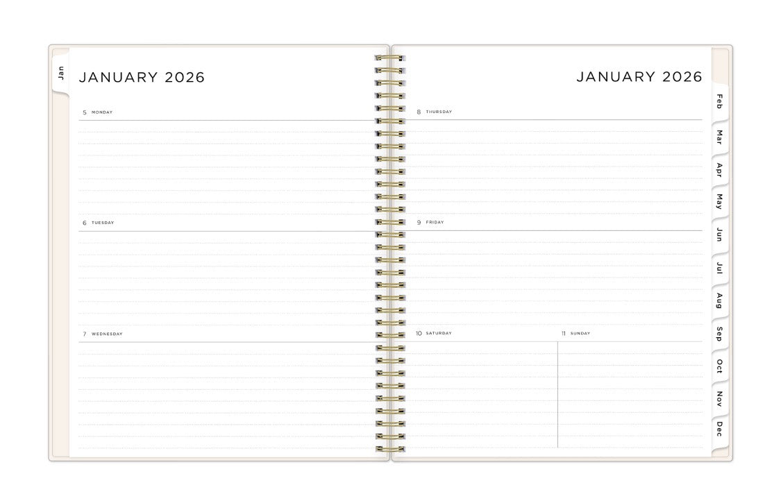 weekly spread featuring lined writing space, white monthly tabs, and ample writing space