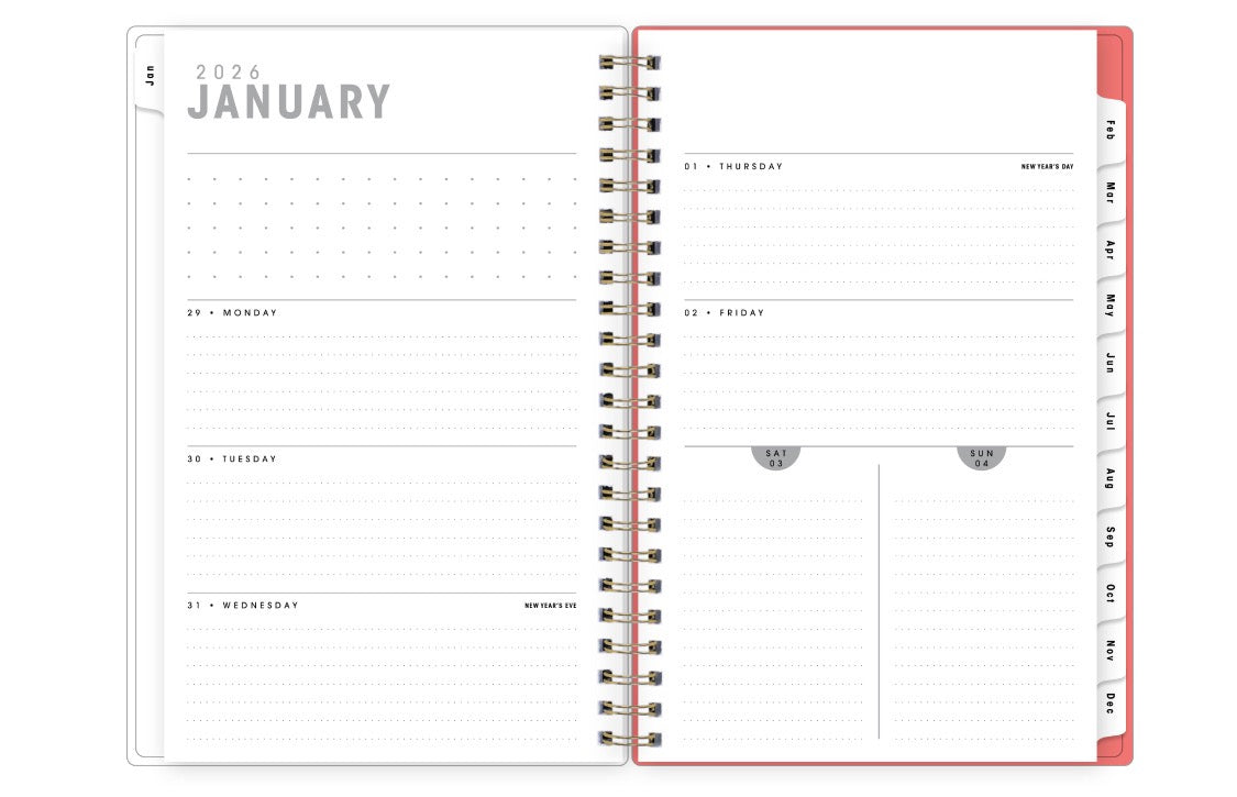 weekly spread january 2026 to december 2027 with dotted writing space for each day and white monthly tabs