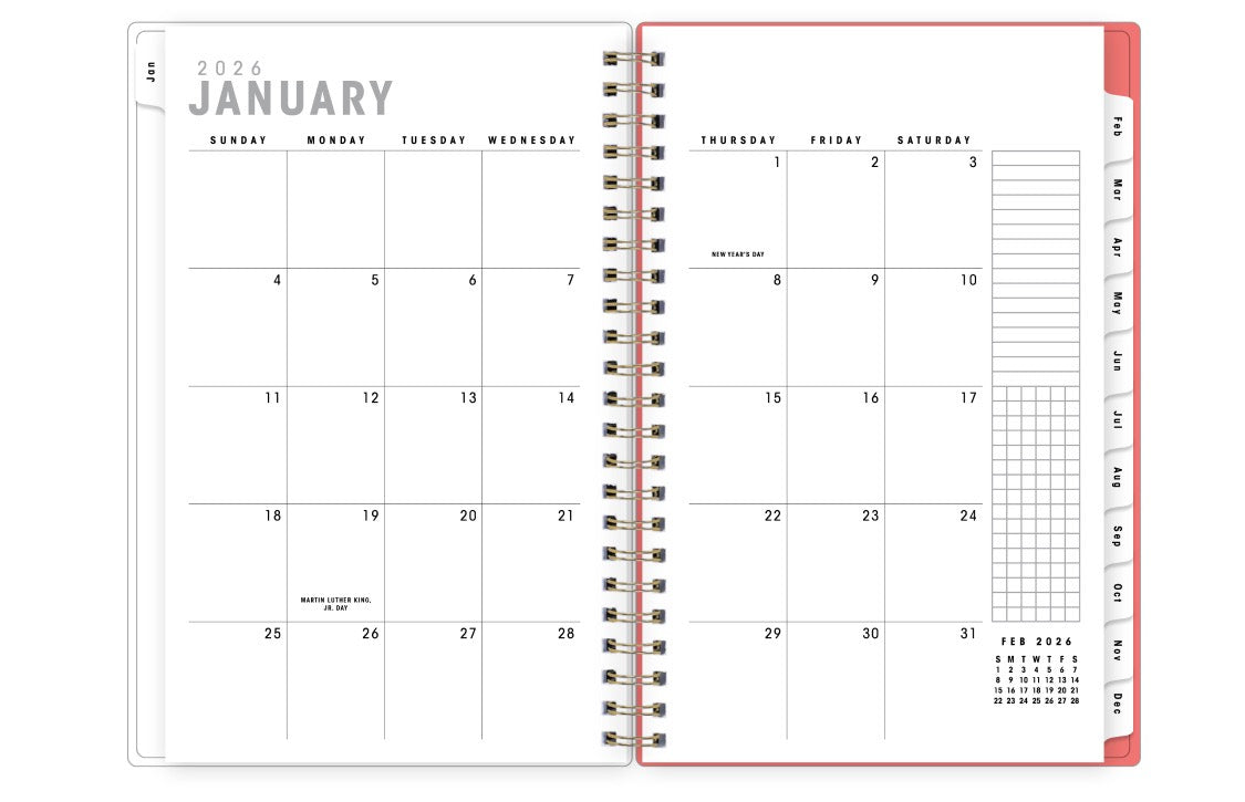 monthly spread with blank writing space, lined writing and grid section plus reference calendars