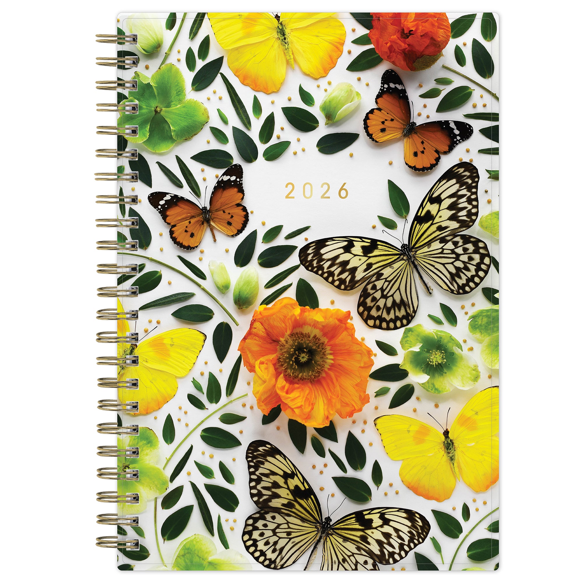 2026 calendar with butterflies and flowers on a white background