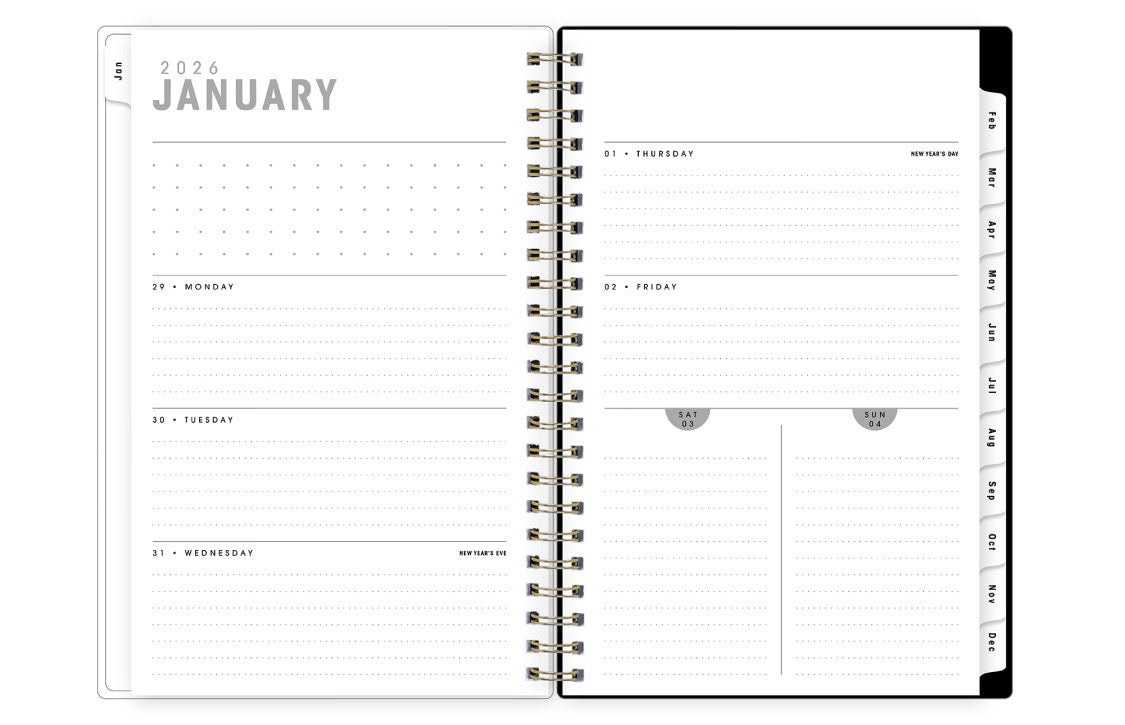 weekly spread january 2026 to december 2027 with dotted writing space for each day and white monthly tabs