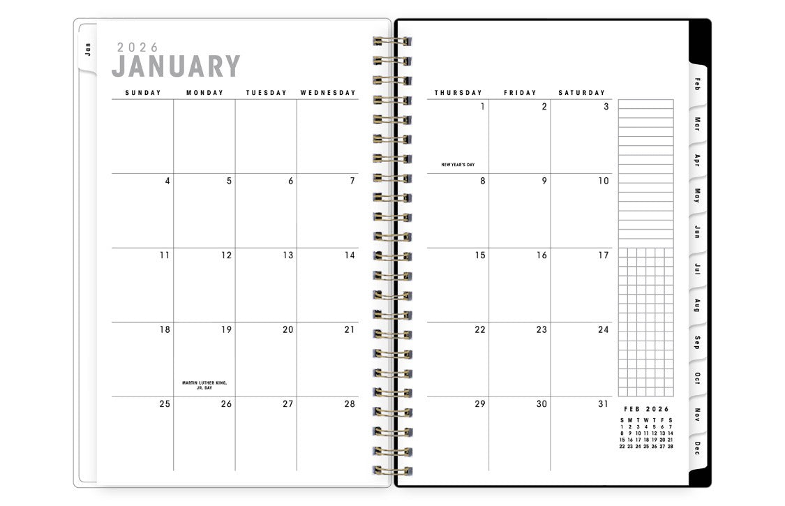monthly spread with blank writing space, lined writing and grid section plus reference calendars