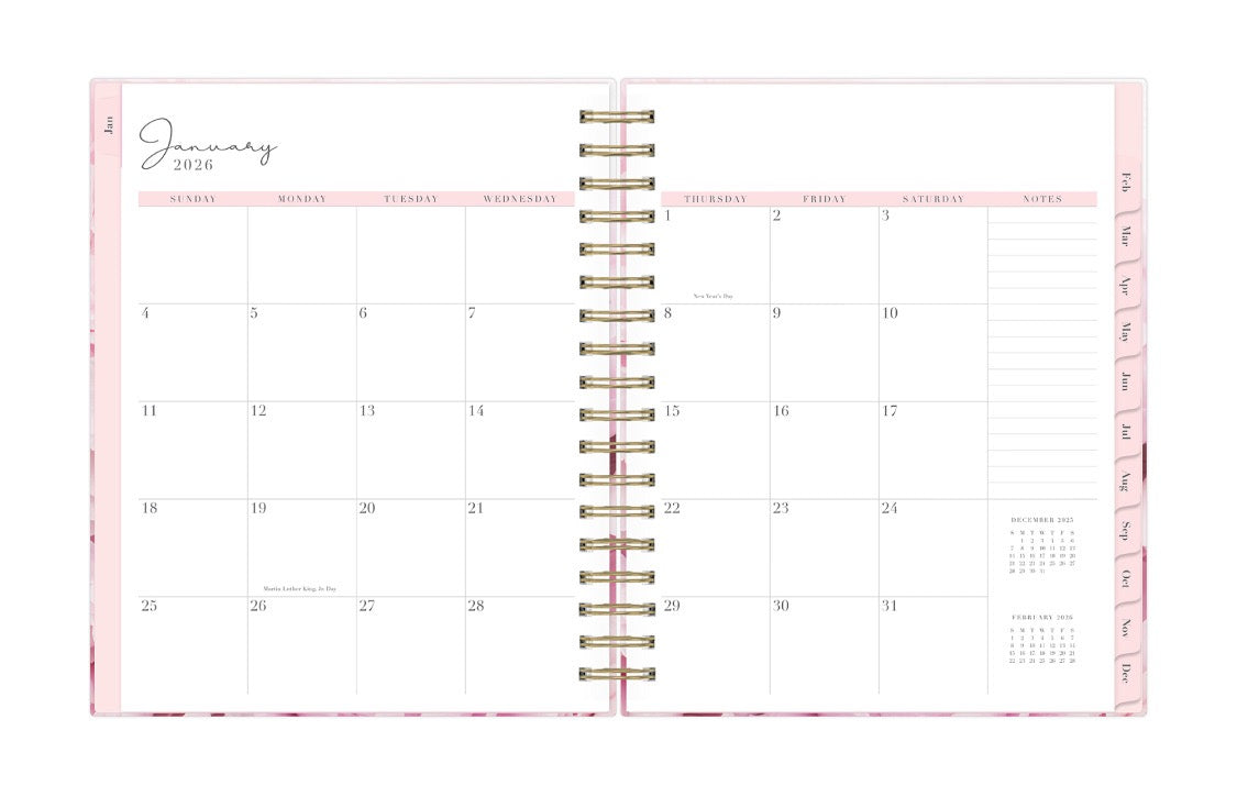 The 2026 Rach Parcell daily planner features a monthly view with ample blank white writing space, reference calendars, notes section, and soft pink monthly tabs.