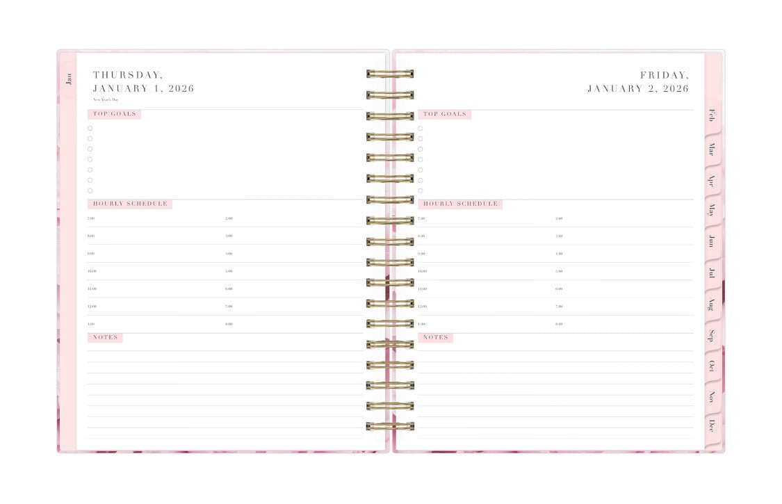 The 2026 Rach parcell planner features a daily spread view with top goals for the week, time increments, lined writing space for each day, and pink monthly tabs.
