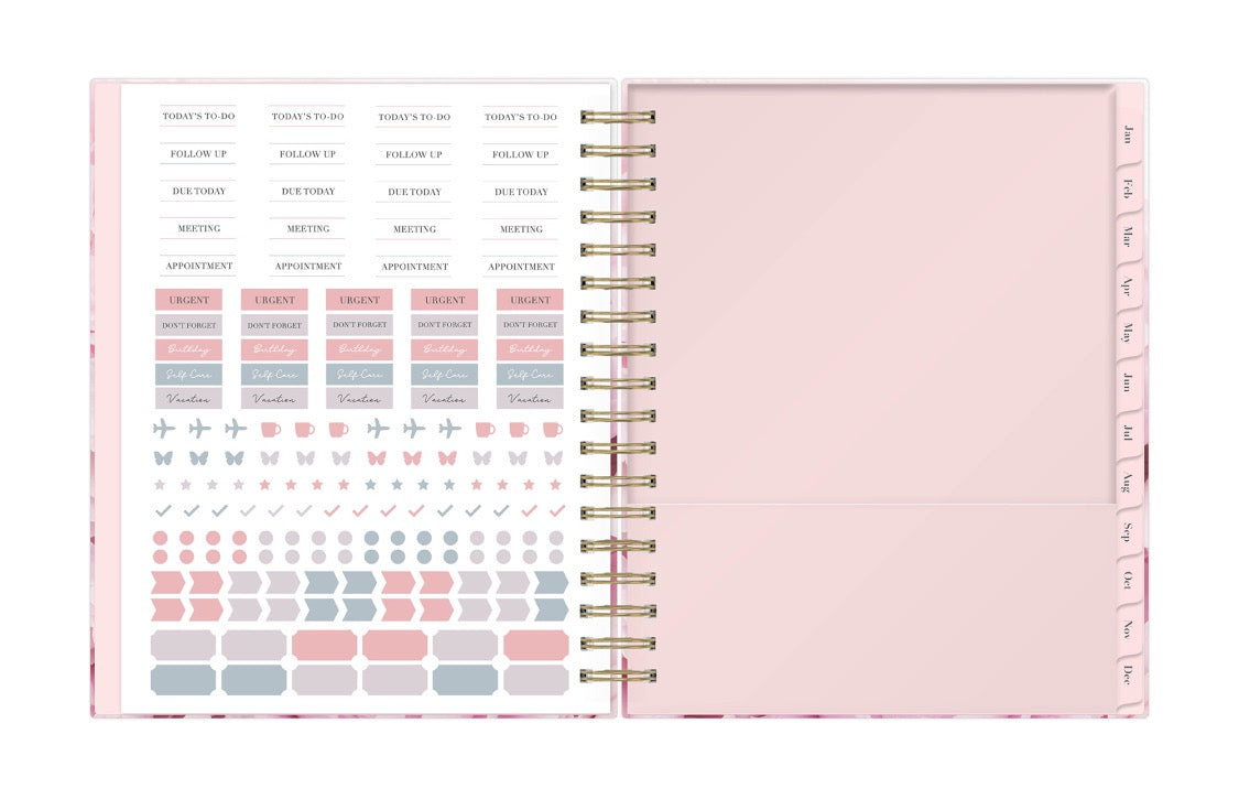 2026 daily planner sticker sheet, reference calendar and storage pocket with pink monthly tabs 7x9