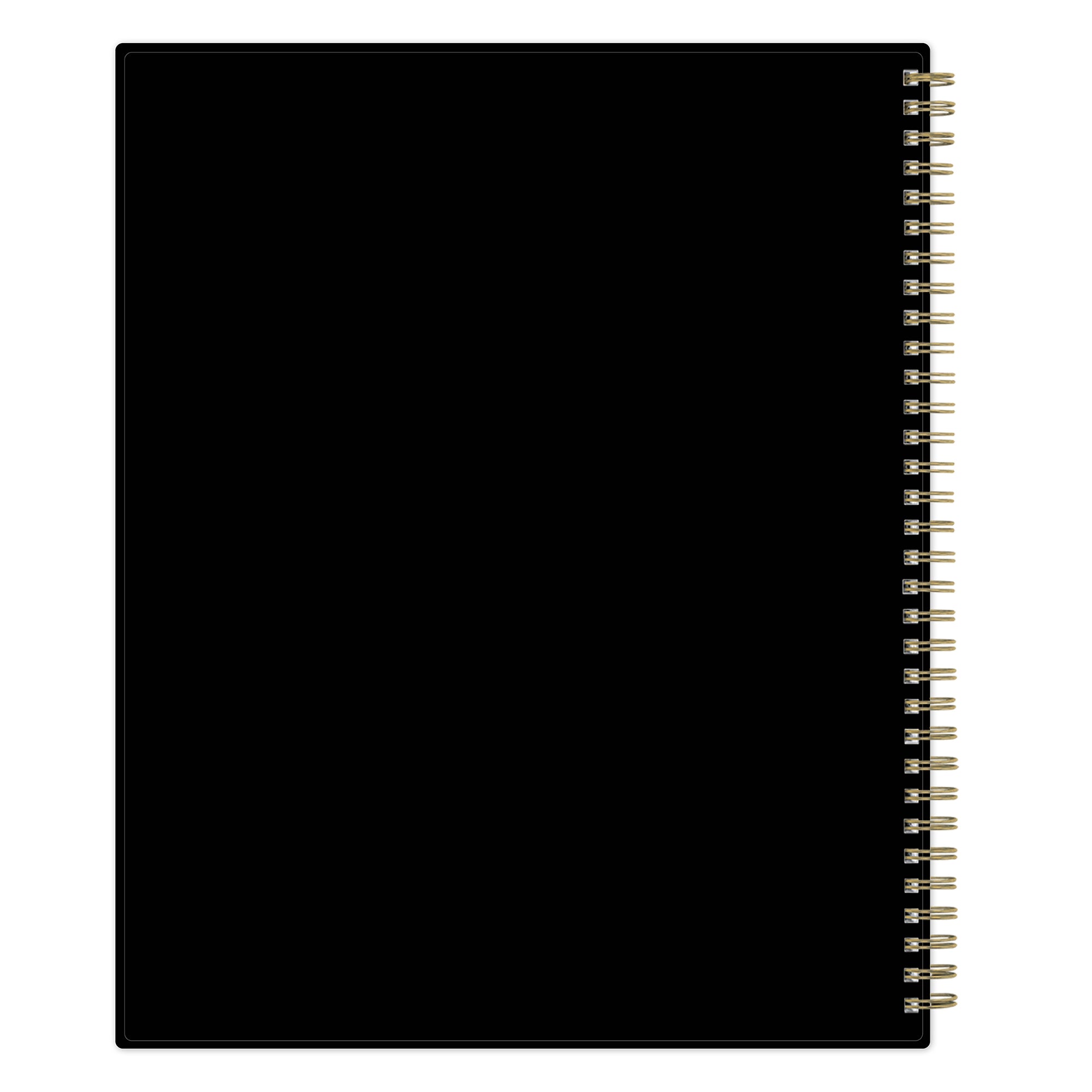 Black spiral-bound planner on a white background with black back cover 8.5x11